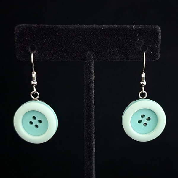 Two Tone Pale Green Vintage Button Dangle Drop Earrings