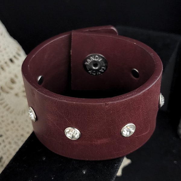 Recycled Repurposed Reused Red Wine Purple Tone Leather Brighton Belt Cuff Bracelet with Rhienstones