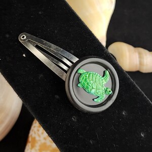 Hand Painted Turtle Charm Accent on Vintage Black Button Hair Clip Barrette Accessory