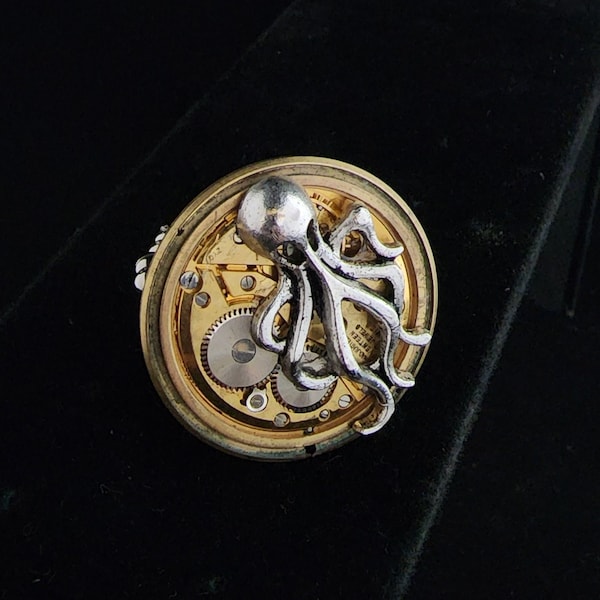 Steampunk Inspired Gold Tone Vintage Watch Parts and Silver Tone Octopus Charm Statement Elastic Stretch Ring