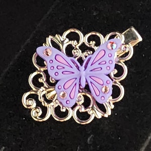 Silver Tone Openwork Metal Hair Clip Barrette Accessory with Aurora Borealis Pink and Purple Butterfly