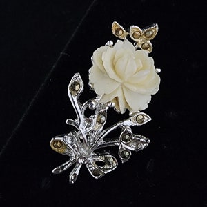 PRICE DROP Vintage Coro Silver Tone and Off White Floral Rose with Marcasite Accents Brooch Pin