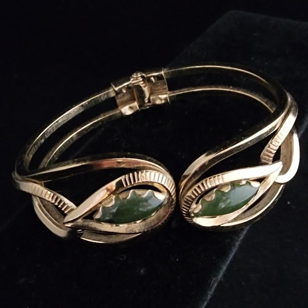 PRICE DROP Vintage Karatclad By Bell Gold Plated Green Stone Hinge Bracelet Cuff