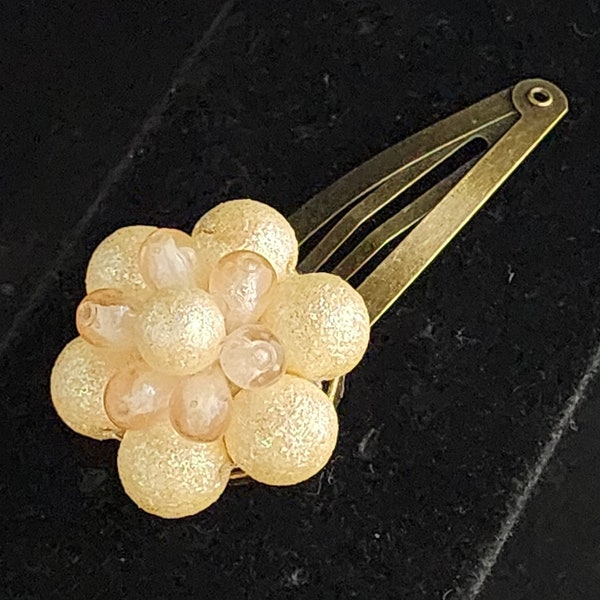 Off White Glitter and Pale Pink Cluster Bubble Bead Vintage Flower Earring on Antique Gold Tone Metal Hair Clip Barrette Accessory