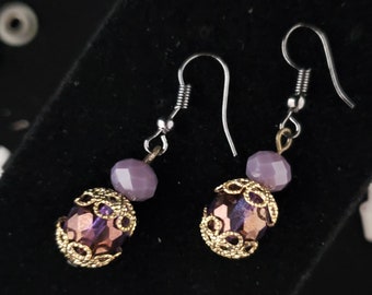 Vintage Iridescent Purple Beads with Gunmetal Grey Ear Wire and Gold Decorative Floral Spacers Dangle Drop Earrings