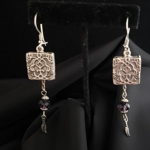 Silver Plated Turkish Filigree Charm Dangle Drop Earring with Vintage Purple Glass Beads and Feathers