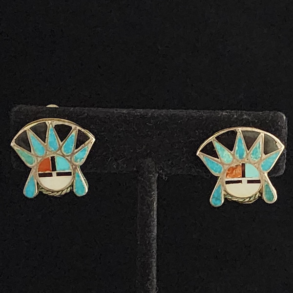 PRICE DROP Vintage Pat 156452 Sunface Zuni Style Faux Turquoise Coral Jet Clam Shell Inlay Silver Tone Clip On Earrings