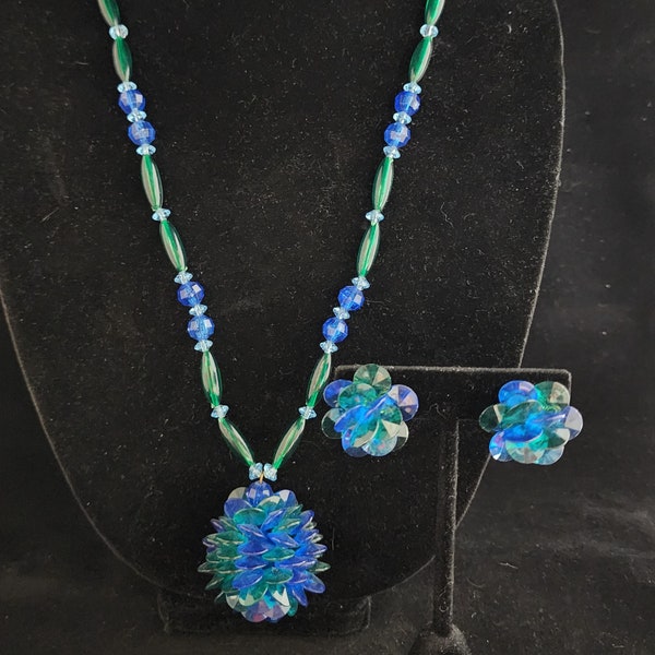 vintage Chunky Gaudy Blue and Green Disk Bead Globe Necklace and Clip on Boucles d'oreilles