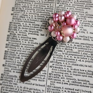 Silver Tone Metal Floral Bookmark with Vintage Pink Cluster Bubble Bead Earring