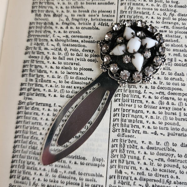 Silver Tone Metal Floral Bookmark with Vintage Rhinestone and Faux Stone Encrusted Earring
