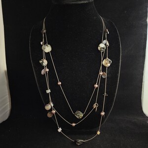 Adjustable Length Grey Tone Abalone Mother of Pearl and Faux Pearl Three Strand Statement Necklace