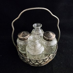 PRICE DROP Vintage Silver Tone Metal 292 Glass Salt Pepper Oil and Vinegar Lazy Susan