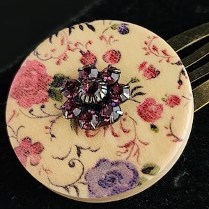Pink and Purple Floral Print Vintage Button with Rhinestone Center Accent Hair Clip Barrette Accessory