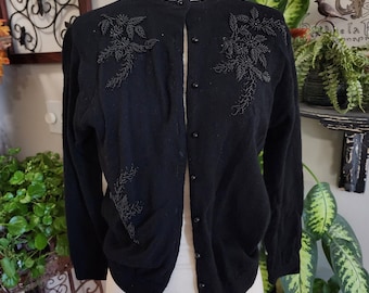 PRICE DROP Vintage Classic Black Floral Beaded Button Up Knit Cardigan