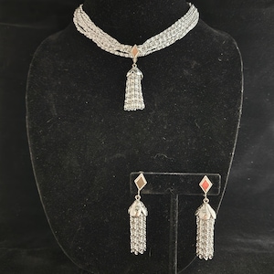 Vintage Sarah Coventry Multi Strand Silver Tone Chain Tassel Necklace and Clip on Earring Set