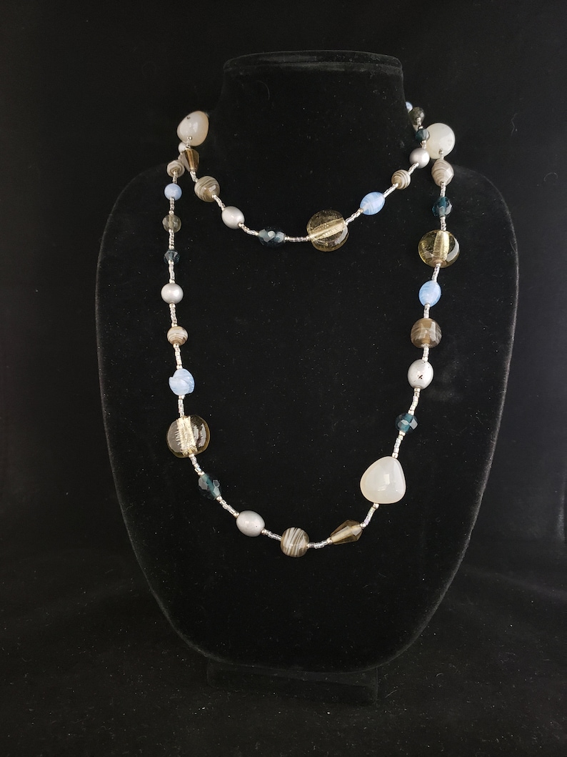 Vintage Adjustable Length Premier Designs Gray Blue White Glass Bead Necklace