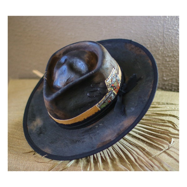 NO BAD BOYS - felt fedora - vitage look distressed hat - chapolala - men women custom distressed fedora