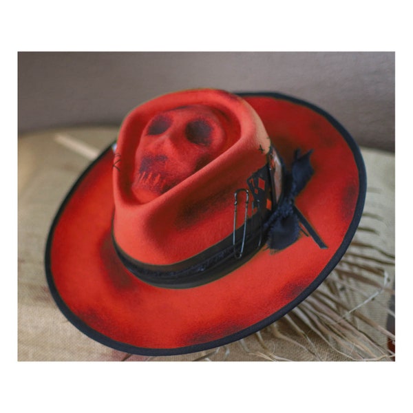 NO BAD BOYS - Fire Edition - chapeau fedora en feutre - chapeau vieilli aspect vintage - chapolala - chapeau fedora homme femme en détresse personnalisé