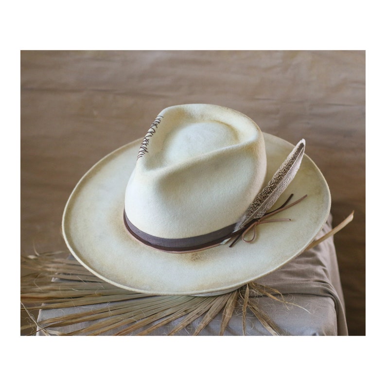 UNSPOKEN off-white felt fedora vintage look men women custom bespoke distressed fedora hat chapolala image 1