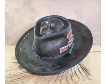 NO BAD BOYS - skull felt fedora - vitage look distressed hat - Alien emboss hat - chapolala - men women custom hat hard wax oil fedora