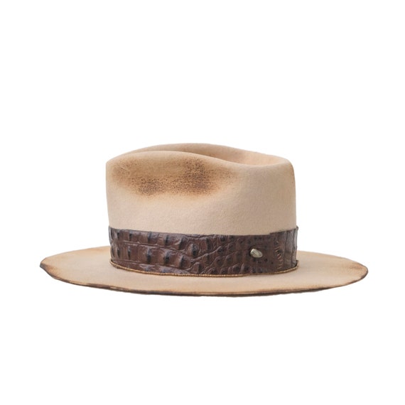CROCO - Wool Felt Fedora - Vitage Look Distressed Hat 