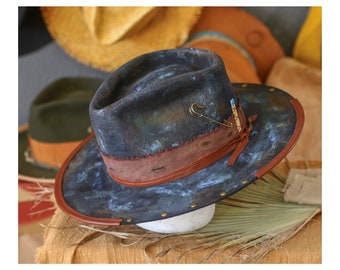DIESEL - navy blue felt fedora - vitage look distressed hat - chapolala - men women custom distressed fedora