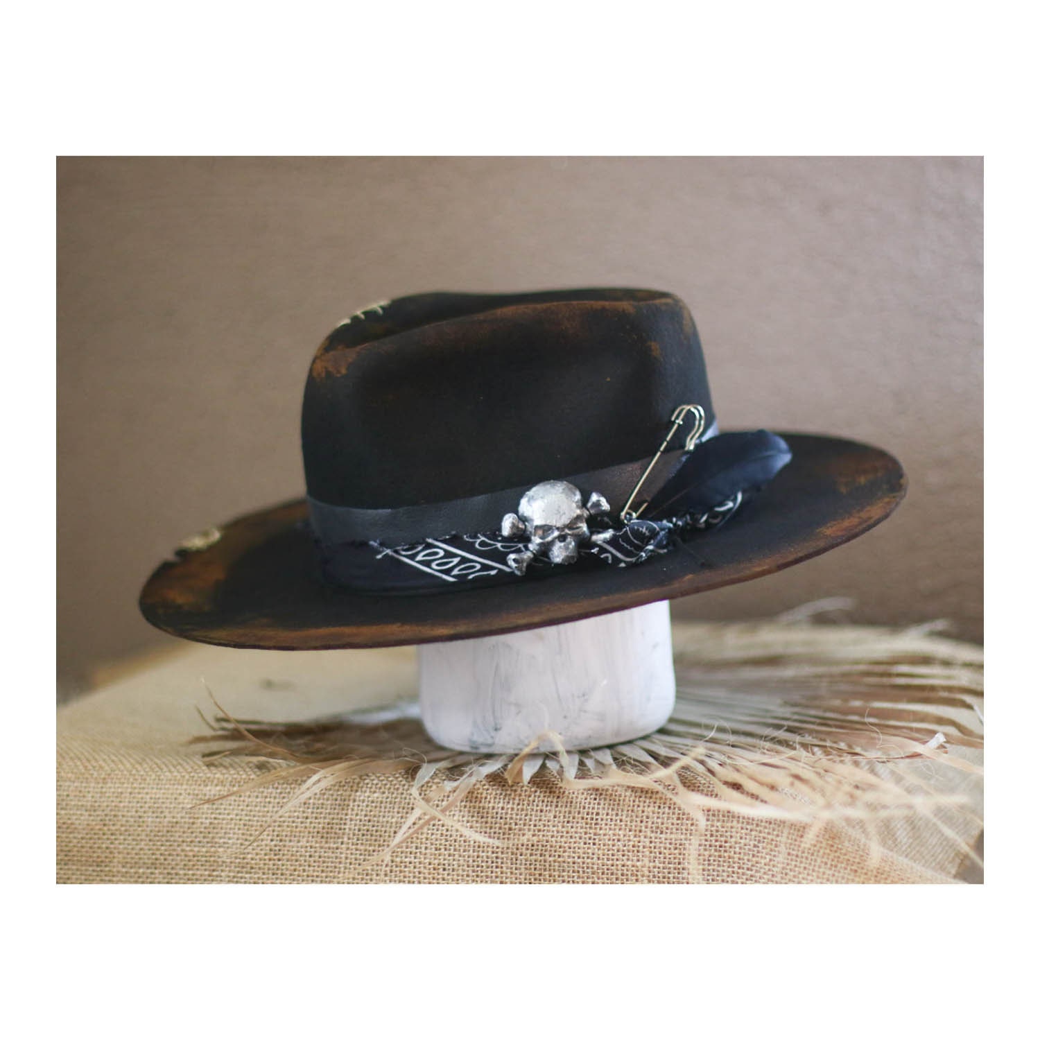 Vintage Black Felt Double Feather Western Cowboy Hat eclectic grandpa festival Cowboy Junk Black Felt Hat Brim One Size Festival Hatband  main image 2