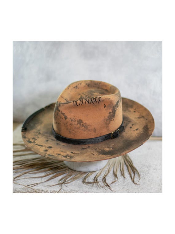 Real leather vit age distressed look CROCO - Wool Felt Fedora - Vitage Look Distressed Hat  main image 3