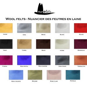 May include: A color chart of wool felt swatches in various colors, including yellow, gray, beige, white, red, black, camel, brown, ivory, burgundy, fuchsia, blue, navy, dark gray, terracotta, light blue, green, pink, and teal. The chart is titled "Wool Felts - Nuancier des Feutres en Laine".