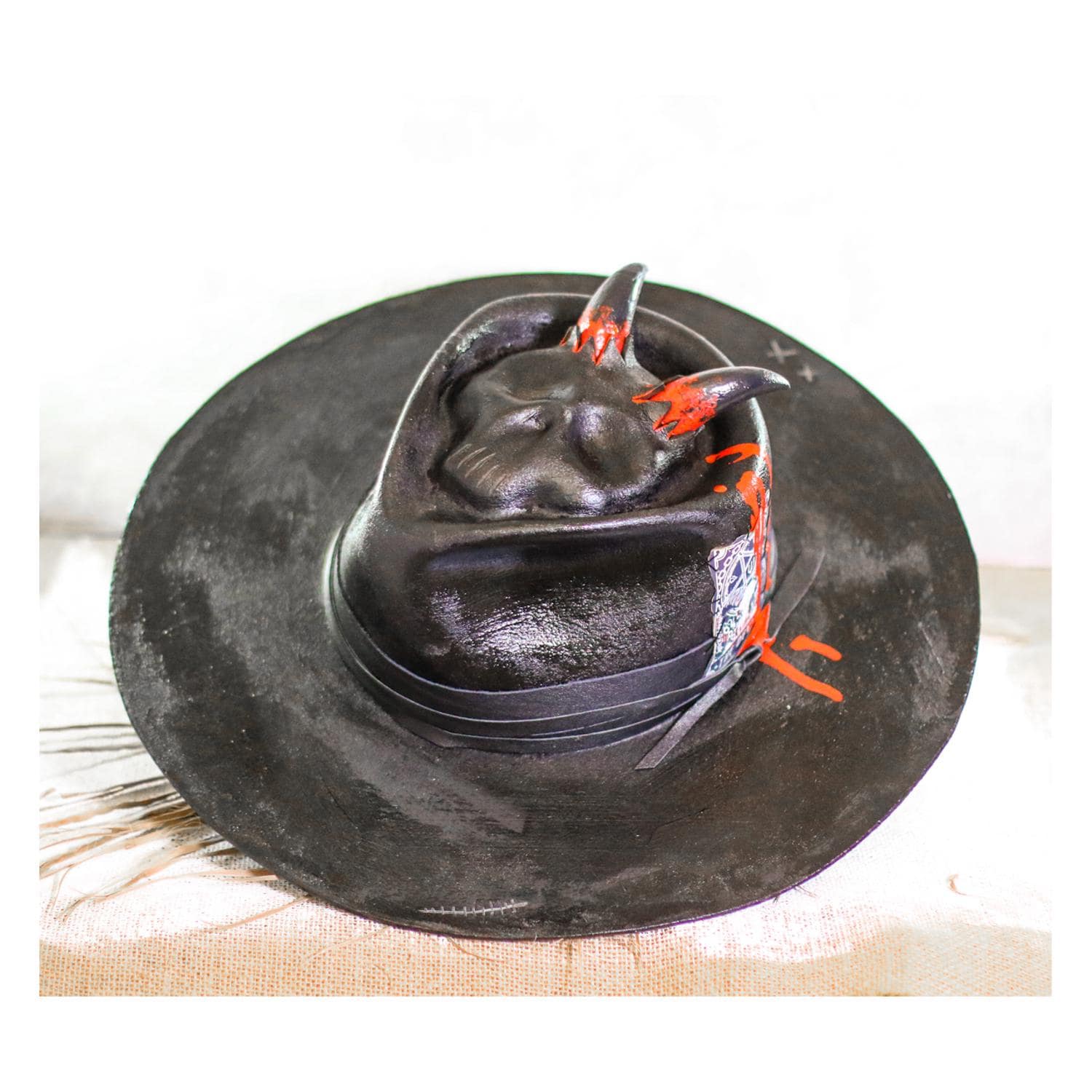 DEVIL - Devil Emboss Fedora: Black Waxed Felt Hat, Distressed Vintage Style Chapolala