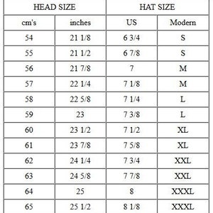 May include: A chart showing head size in centimeters and inches, and corresponding hat sizes in US and modern sizing. The chart shows sizes from 54 cm to 65 cm, with corresponding hat sizes from 6 3/4 to 8 1/8.