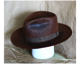 BALSAM - Handmade brown Wool or fur Felt Fedora: Distressed Vintage Style Hat Chapolala