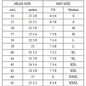 May include: A black and white hat size conversion chart featuring columns for head size in centimeters and inches, alongside US hat sizes and modern letter sizing ranging from small to triple extra large, presented in a clear grid format.