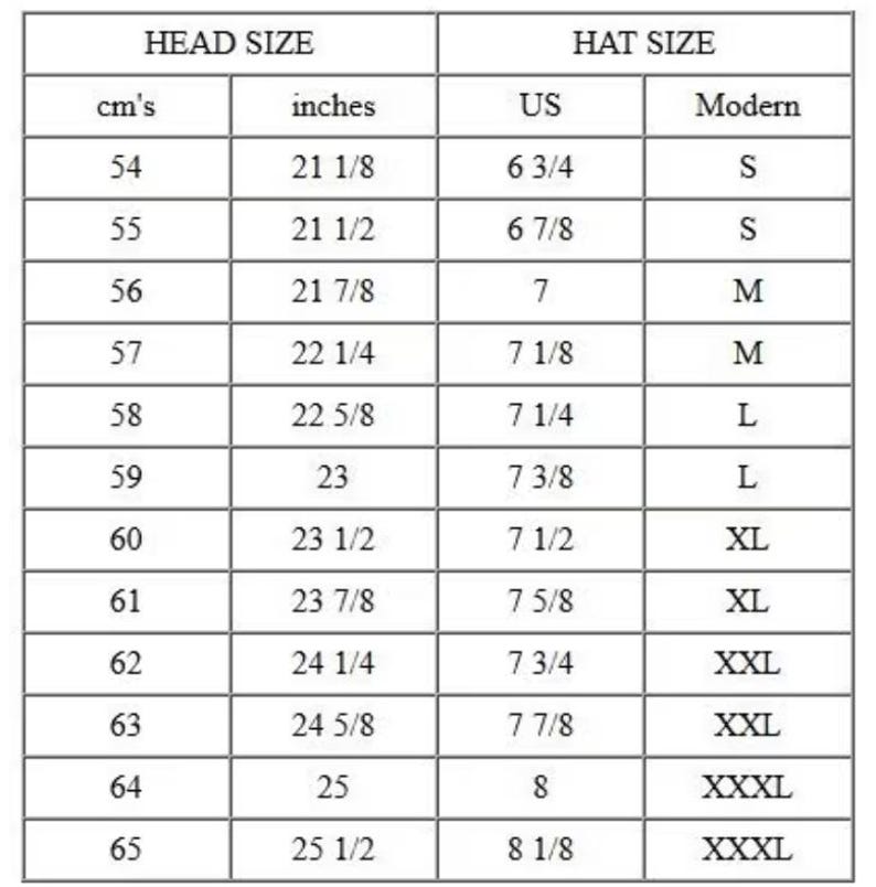 May include: A black and white hat size conversion chart featuring columns for head size in centimeters and inches, alongside US hat sizes and modern letter sizing ranging from small to triple extra large, presented in a clear grid format.