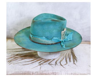 Turquoise verontruste fedora: wolvilten hoed verweerd patina ISORA