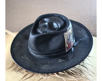 NO BAD BOYS - Taro Edition - black wax felt fedora - vitage look distressed skull hat - chapolala - men women custom distressed fedora