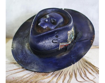 No Bad Boys - Indigo Felt Fedora: Alien Emboss Distressed Hat