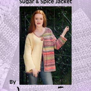 May include: A woman wearing a yellow and multi-coloured striped knitted jacket. The jacket has a single button closure and is open at the front. The jacket is called "Sugar & Spice Jacket" and is a "Machine Knitting Pattern" by "henio".