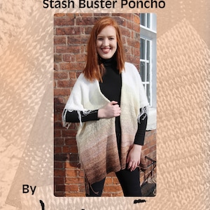 May include: A woman wearing a brown, beige, and white ombre poncho with fringe. The poncho is made with machine knitting and is a stash buster pattern. The text "Machine Knitting Patterns Designer Knitwear Stash Buster Poncho By henio Handcrafted Designer Knitwear Pattern Series" is on the image.