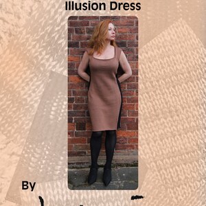 May include: A brown knit dress with a black side panel. The dress is sleeveless and has a square neckline. The model is standing against a brick wall. The text "Machine Knitting Patterns Designer Knitwear Illusion Dress By henio Handcrafted Designer Knitwear Pattern Series" is at the top and bottom of the image.