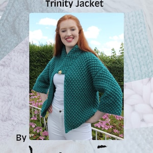 May include: A teal knitted jacket with a button fastening. The jacket is called "Trinity Jacket" and is part of the "Hand Knitting Patterns Designer Knitwear" series by "henio".