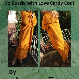 May include: A long, mustard yellow cardigan with a shawl collar. The cardigan is knitted and has a loose, relaxed fit. The text "To Russia with Love Cardy Coat" and "By henio" is visible on the image.