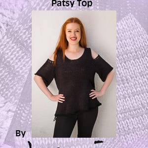 May include: A black knit top with cold shoulder cutouts and a tie at the bottom. The top is modelled by a person with red hair. The text "Machine Knitting Patterns Designer Knitwear Patsy Top By henio Handcrafted Designer Knitwear Pattern Series" is visible on the image.