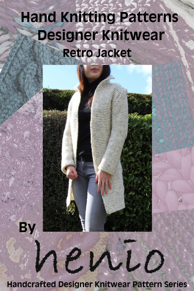 May include: Hand knitting pattern for a retro jacket, designed by "newio" and part of a handcrafted designer knitwear pattern series.