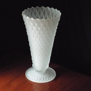 Vintage Indiana Glass Diamond Point Frosted Flower Vase; Vintage Trumpet Vase