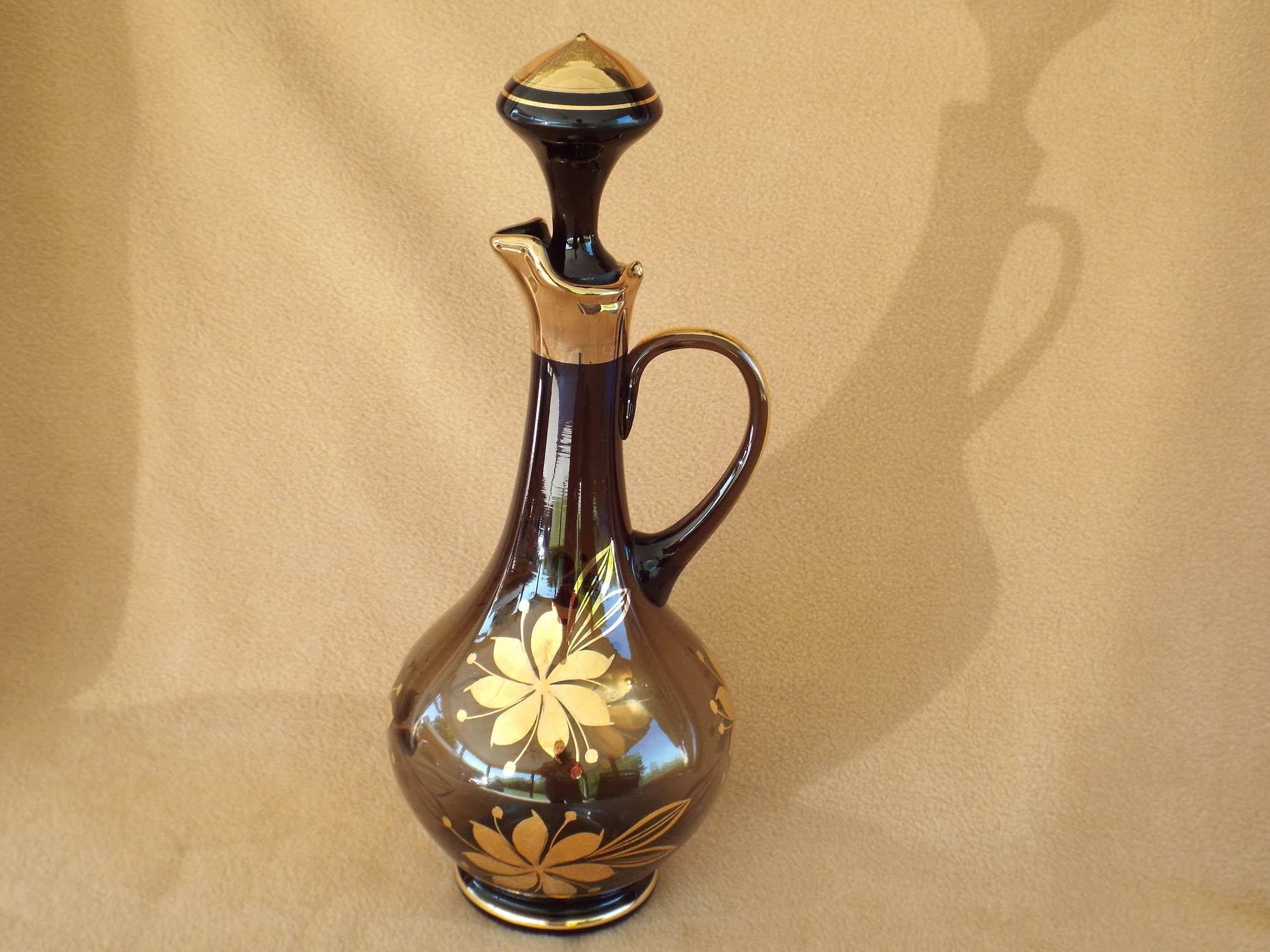 Vintage Brown Glass Decanter with Stopper and Glasses with Etsy