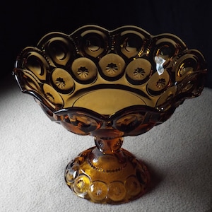 L E Smith Glass Tall Compote; Moon and Stars Amber; Vintage Glass Centerpiece; Serving Dish