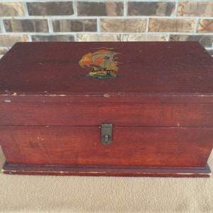 Vintage Wooden Jewelry Box with Sailing Ship; Storage Box; Decorative Box
