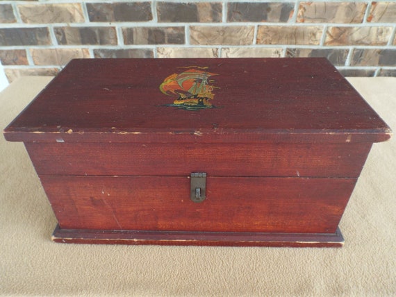 Vintage Wooden Jewelry Box with Sailing Ship; Sto… - image 1