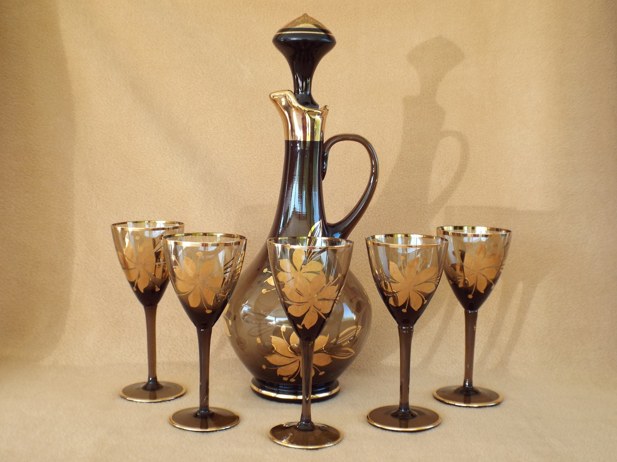 Vintage Brown Glass Decanter with Stopper and Glasses with Etsy